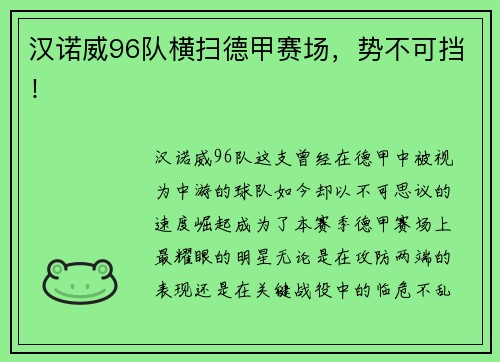 汉诺威96队横扫德甲赛场，势不可挡！