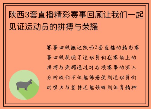陕西3套直播精彩赛事回顾让我们一起见证运动员的拼搏与荣耀